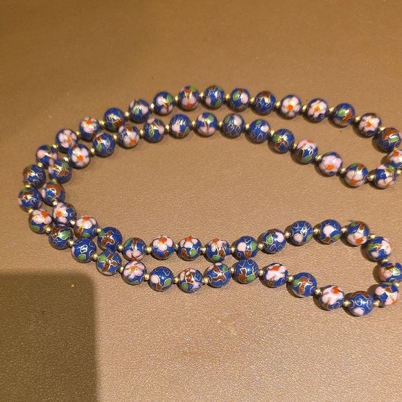 Vintage Cloisonné Bead Necklace — Navy Blue and Pink Floral - Picture 3 of 5